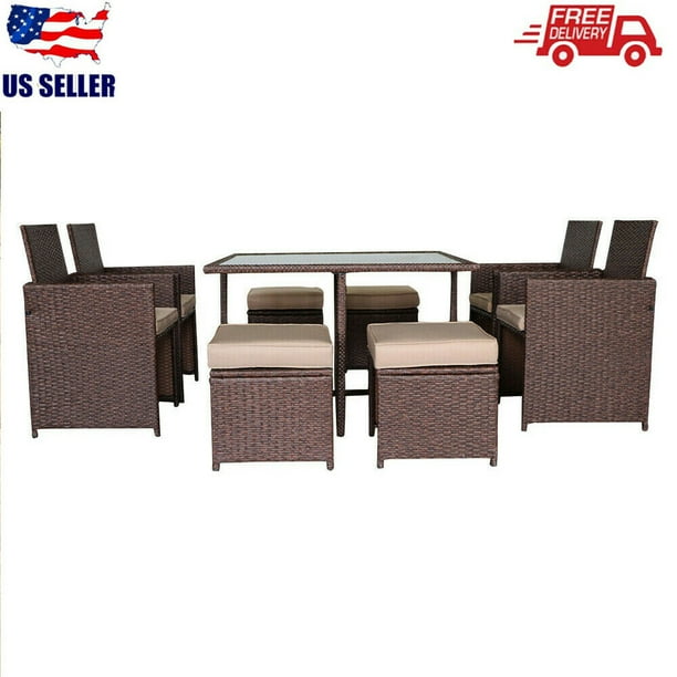 Devoko 9 Pieces Patio Dining Sets Outdoor Space Saving Rattan Chairs with Glass Table Patio Furniture Sets Cushioned Seating and Back Sectional Conversation Set Beige Devoko 9 Pieces Patio Dining Sets Outdoor Space Saving Rattan Chairs with Glass Table Patio Furniture Sets Cushioned Seating and Back Sectional Conversation Set Beige